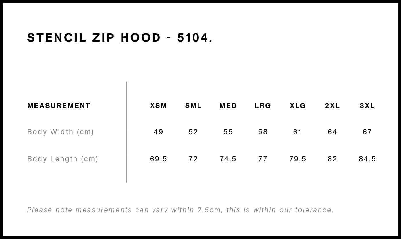 Stencil Zip Hood size guide