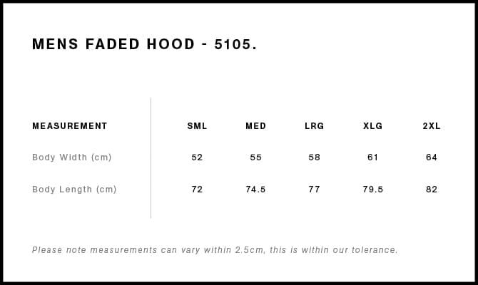 Faded Hood size guide