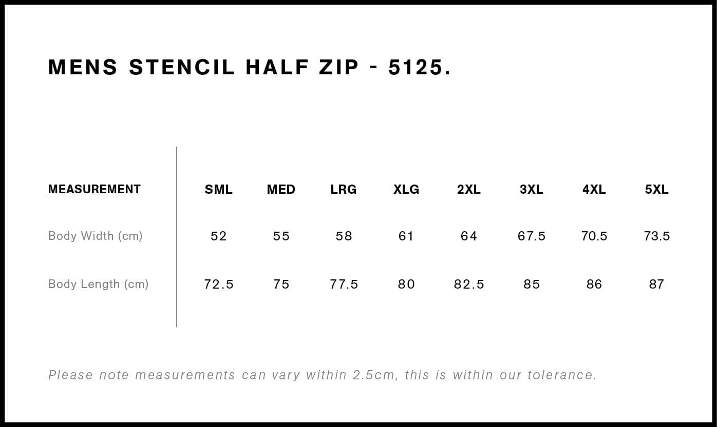 Stencil Half Zip Crew size guide