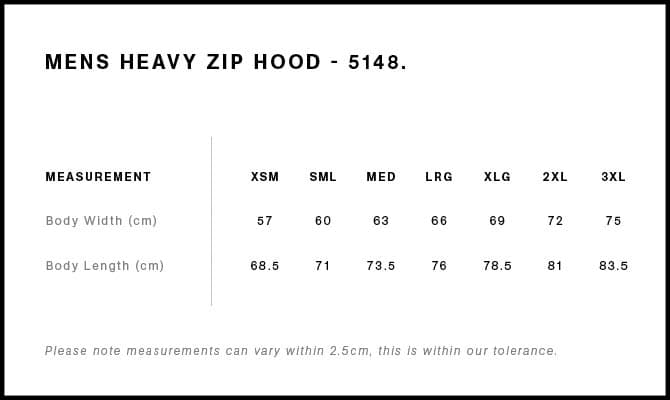 Heavy Zip Hood size guide