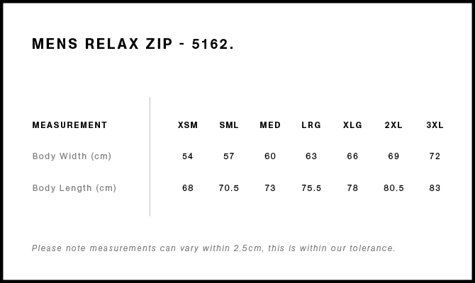Relax Zip Hood size guide