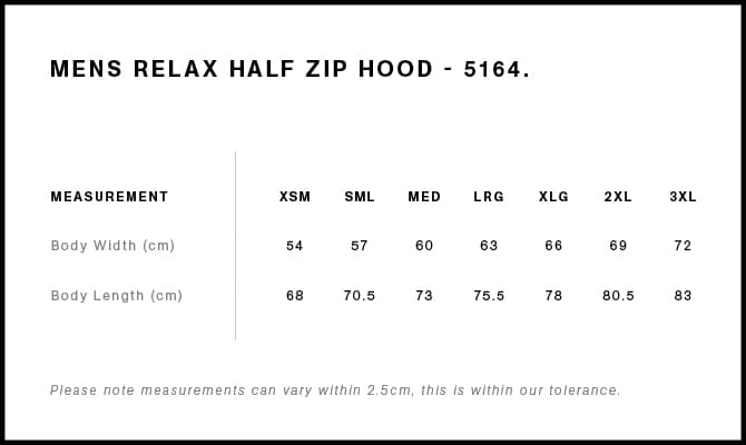 Relax Half Zip Hood size guide