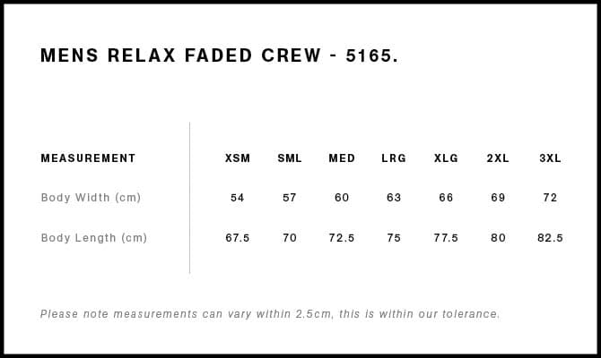 Relax Faded Crew size guide