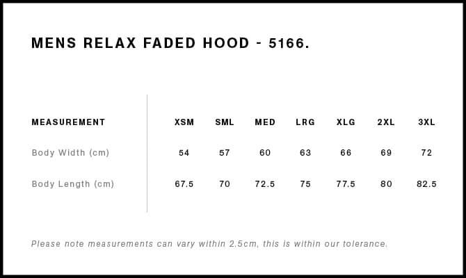 Relax Faded Hood size guide