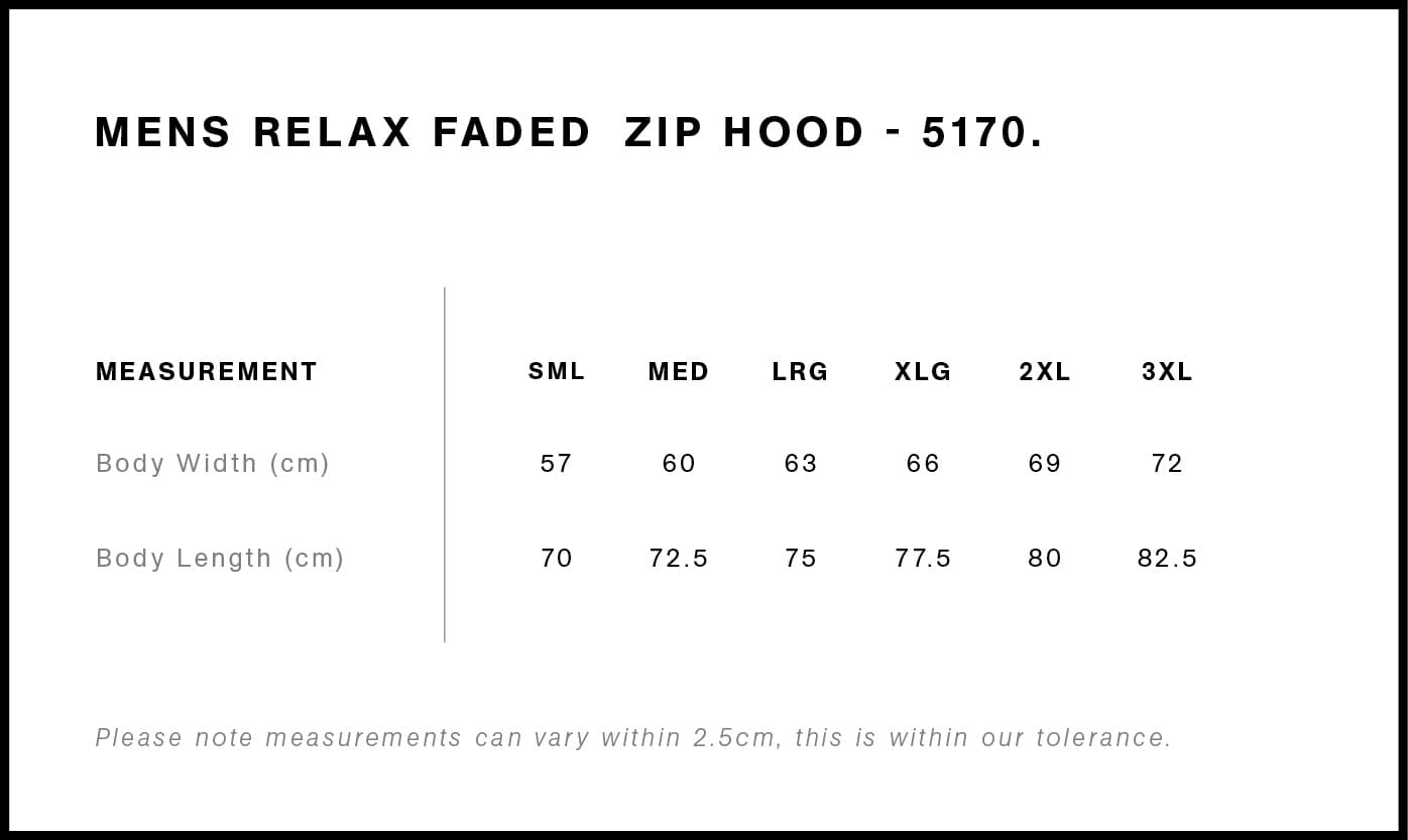 Relax Faded Zip Hood size guide