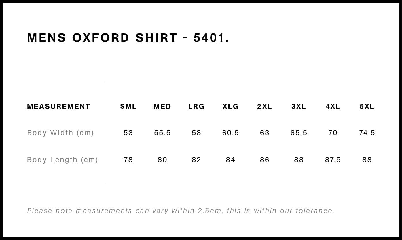 Oxford Shirt size guide