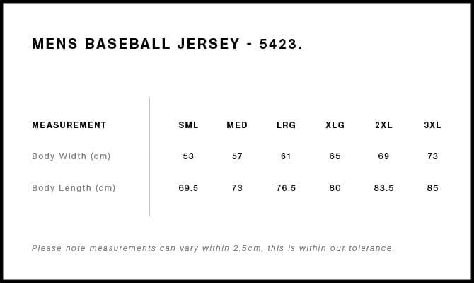 Heavy Baseball Jersey size guide