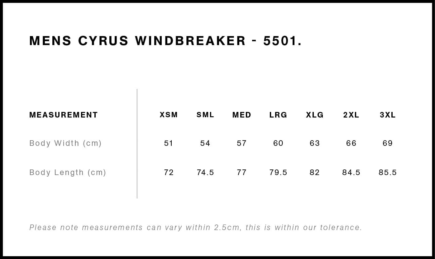 Cyrus Windbreaker size guide