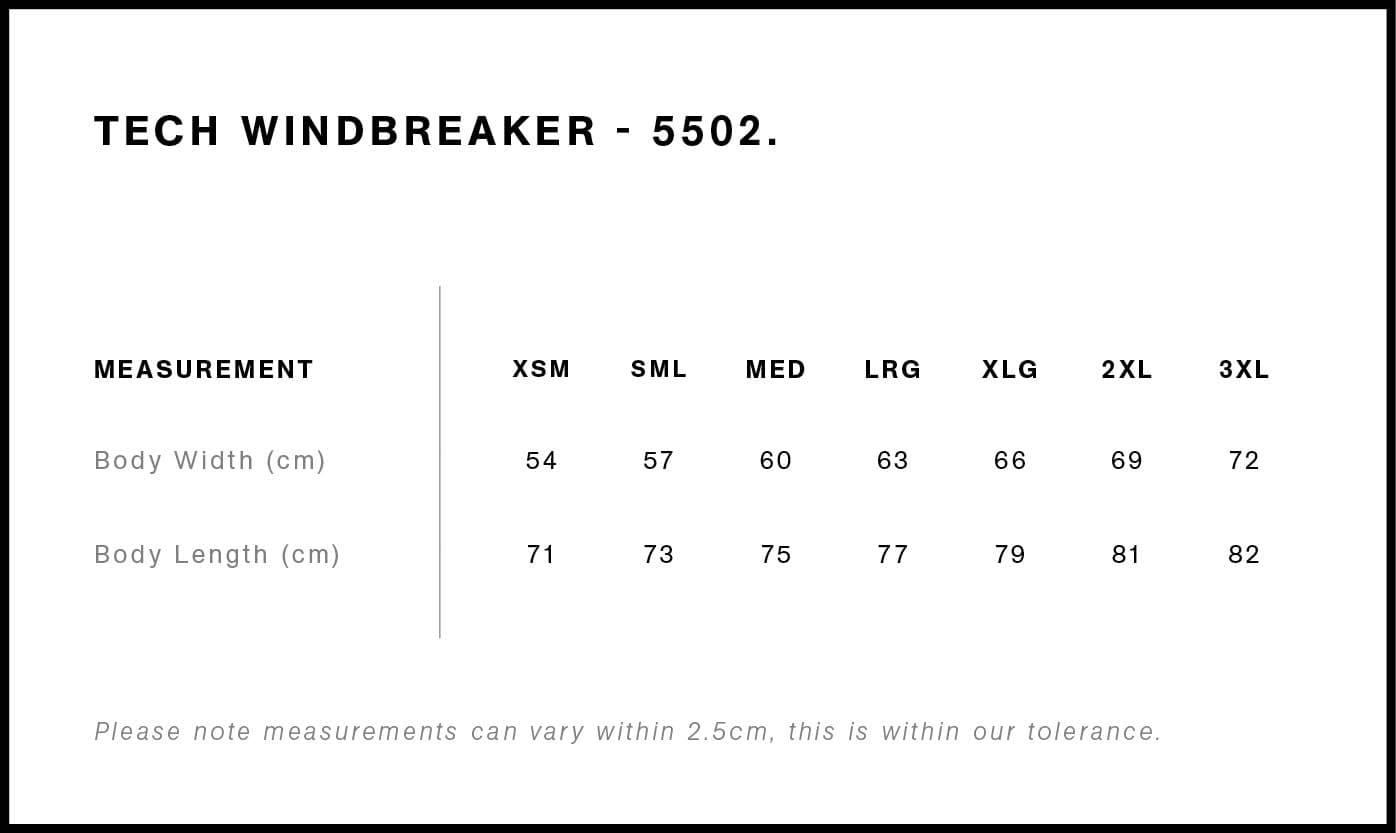 Tech Windbreaker size guide