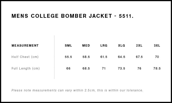 College Bomber Jacket size guide