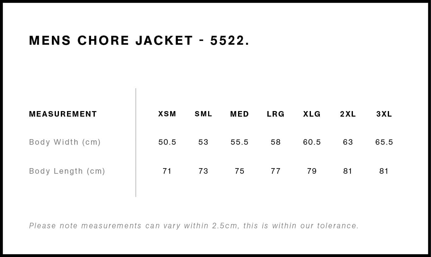 Chore Jacket size guide