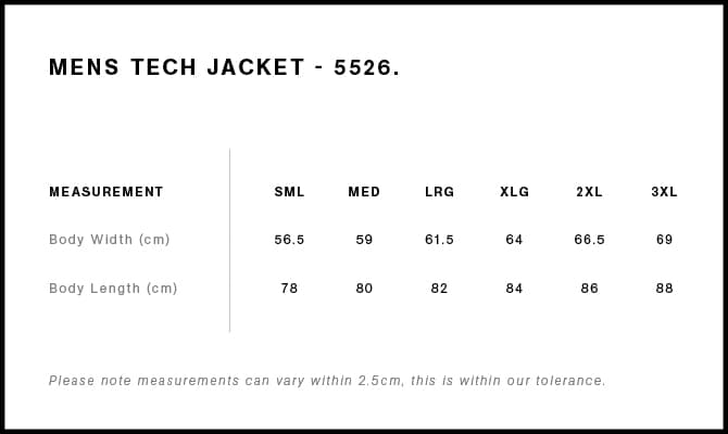 Tech Jacket size guide
