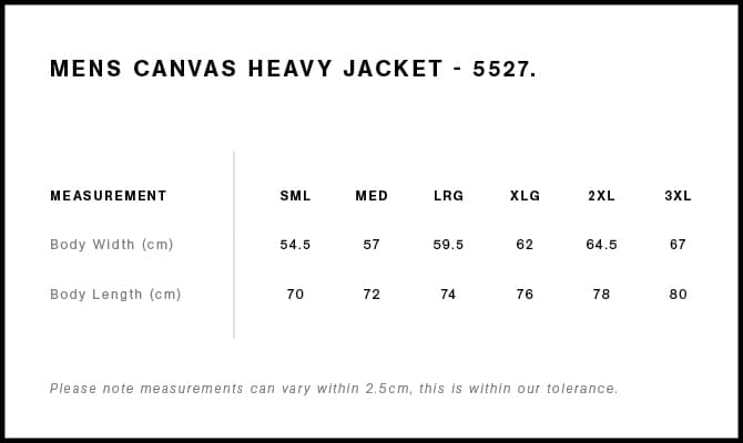 Canvas Heavy Jacket size guide