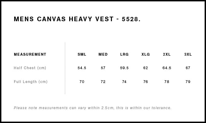 Canvas Heavy Vest size guide
