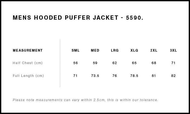 Hooded Puffer Jacket size guide