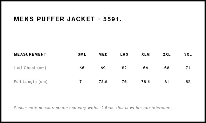 Puffer Jacket size guide