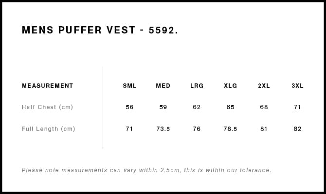 Puffer Vest size guide