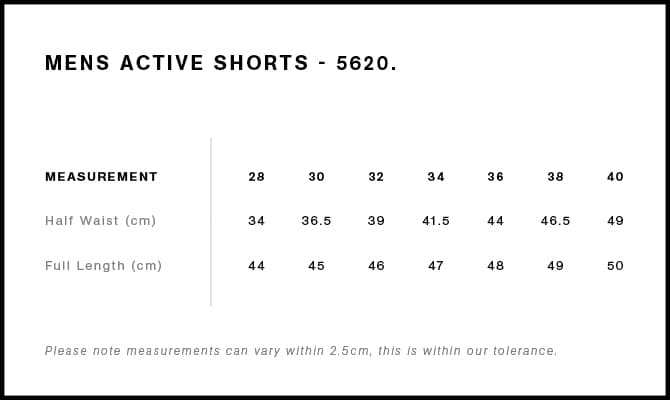Active Shorts 18" size guide