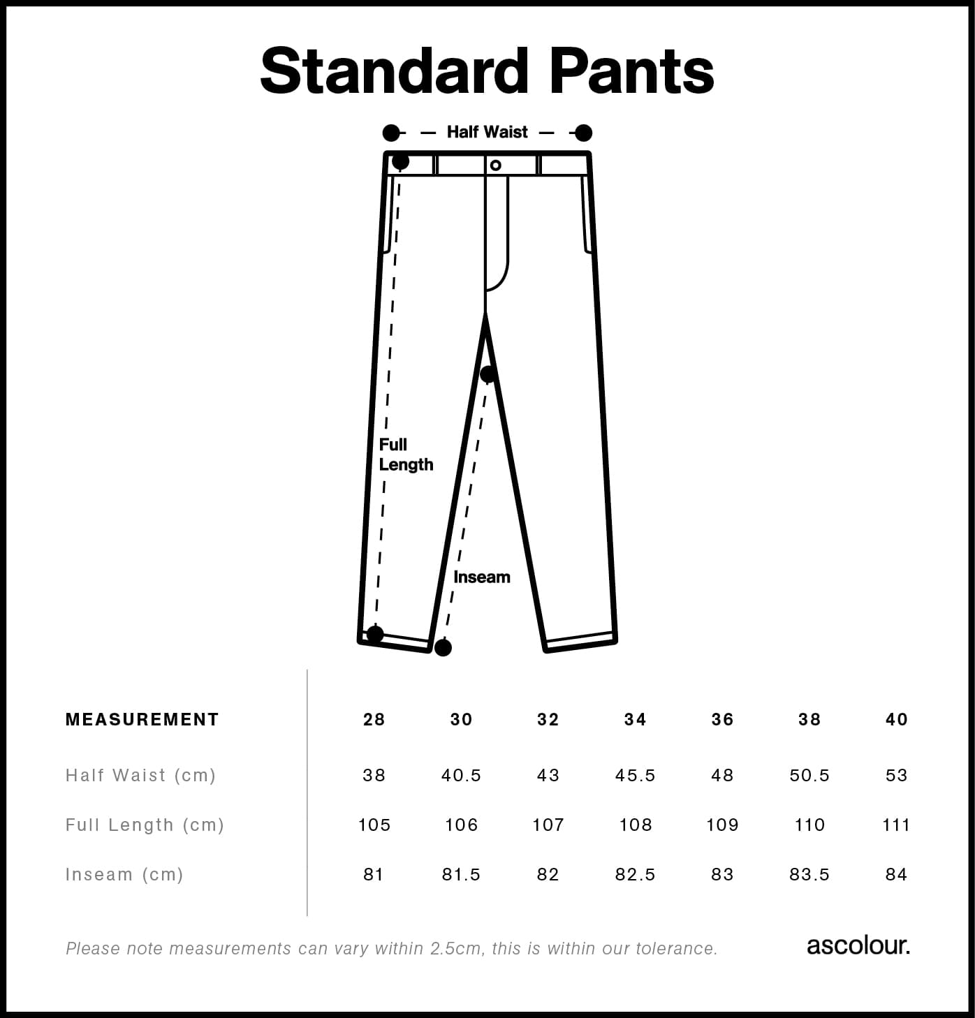 Standard Pants size guide