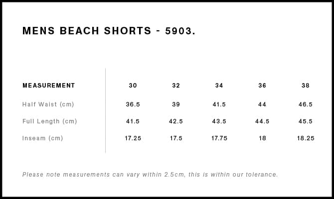 Beach Shorts size guide