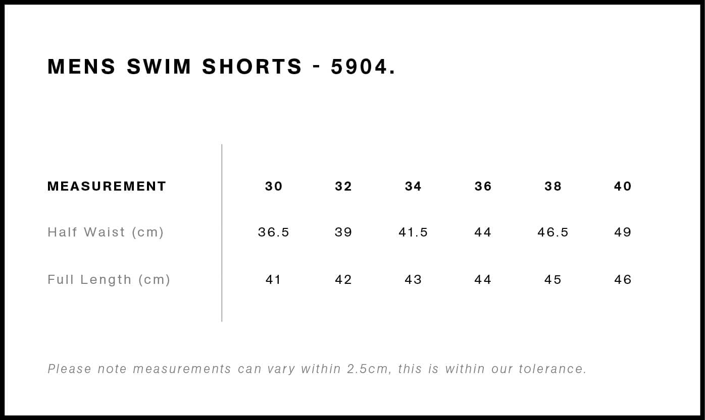 Swim Shorts 17" size guide