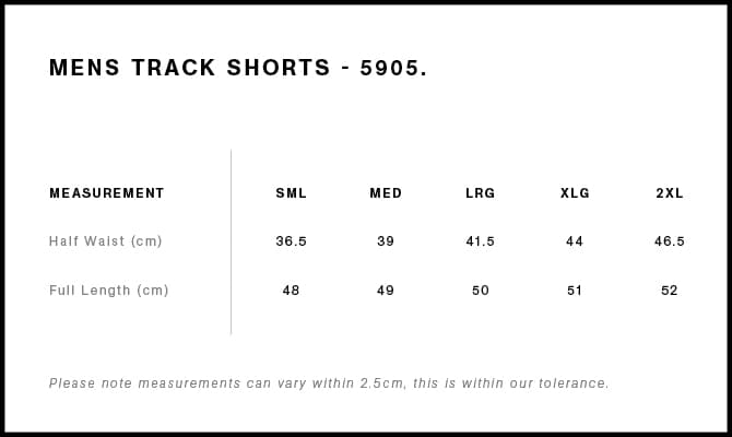 Track Shorts 19" size guide