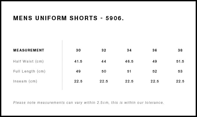 Uniform Shorts size guide