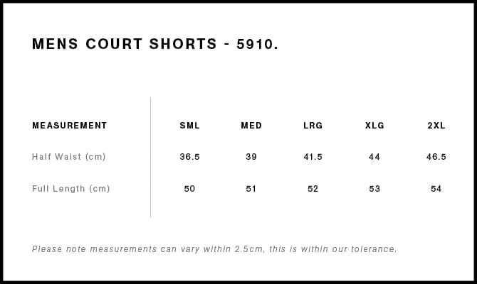 Court Shorts 20" size guide