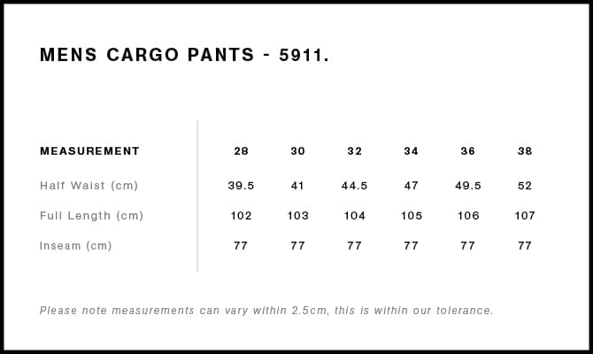 Utility Cargo Pants size guide