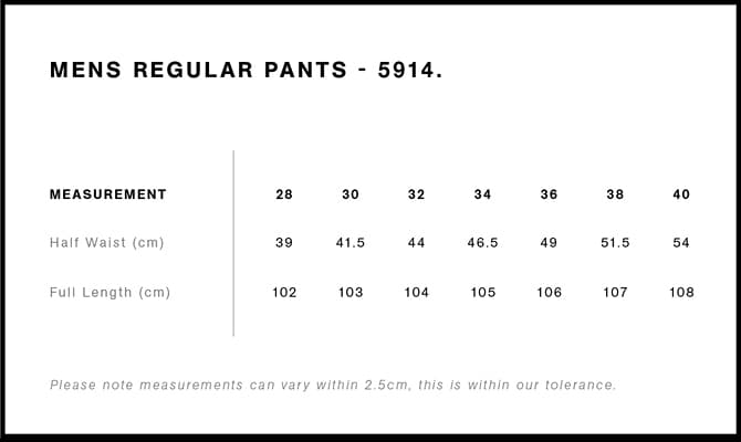 Regular Pants size guide