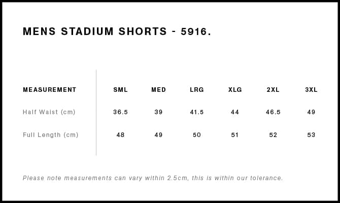 Stadium Shorts size guide