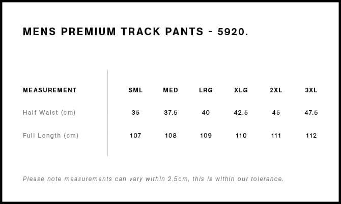 Premium Track Pants size guide