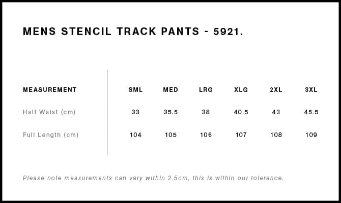 Stencil Track Pants size guide