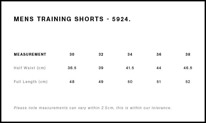 Active Training Shorts 19" size guide