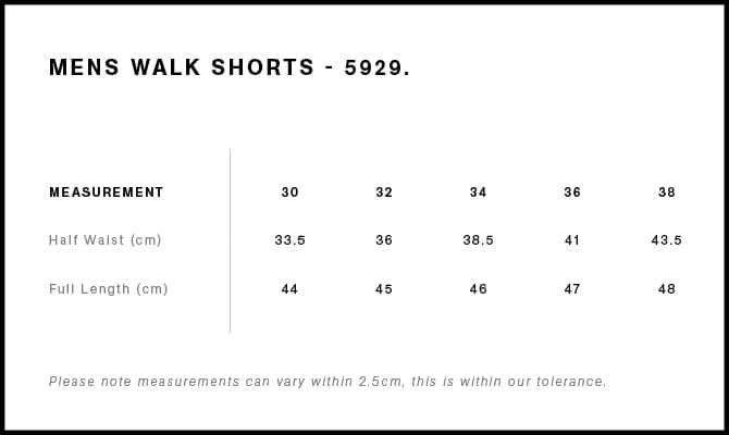 Walk Shorts size guide
