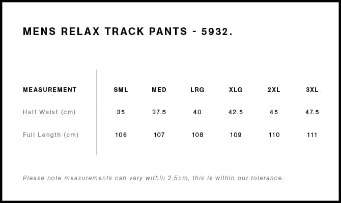 Relax Track Pants size guide