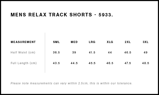 Relax Track Shorts 18" size guide