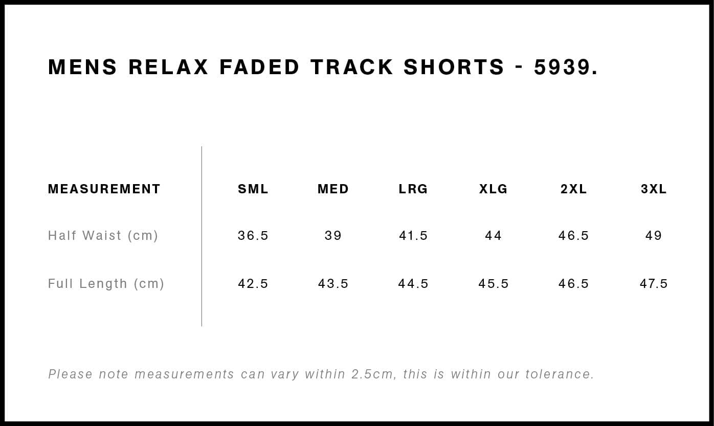 Relax Faded Track Shorts 18" size guide