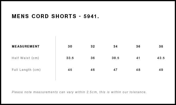 Cord Shorts 18" size guide