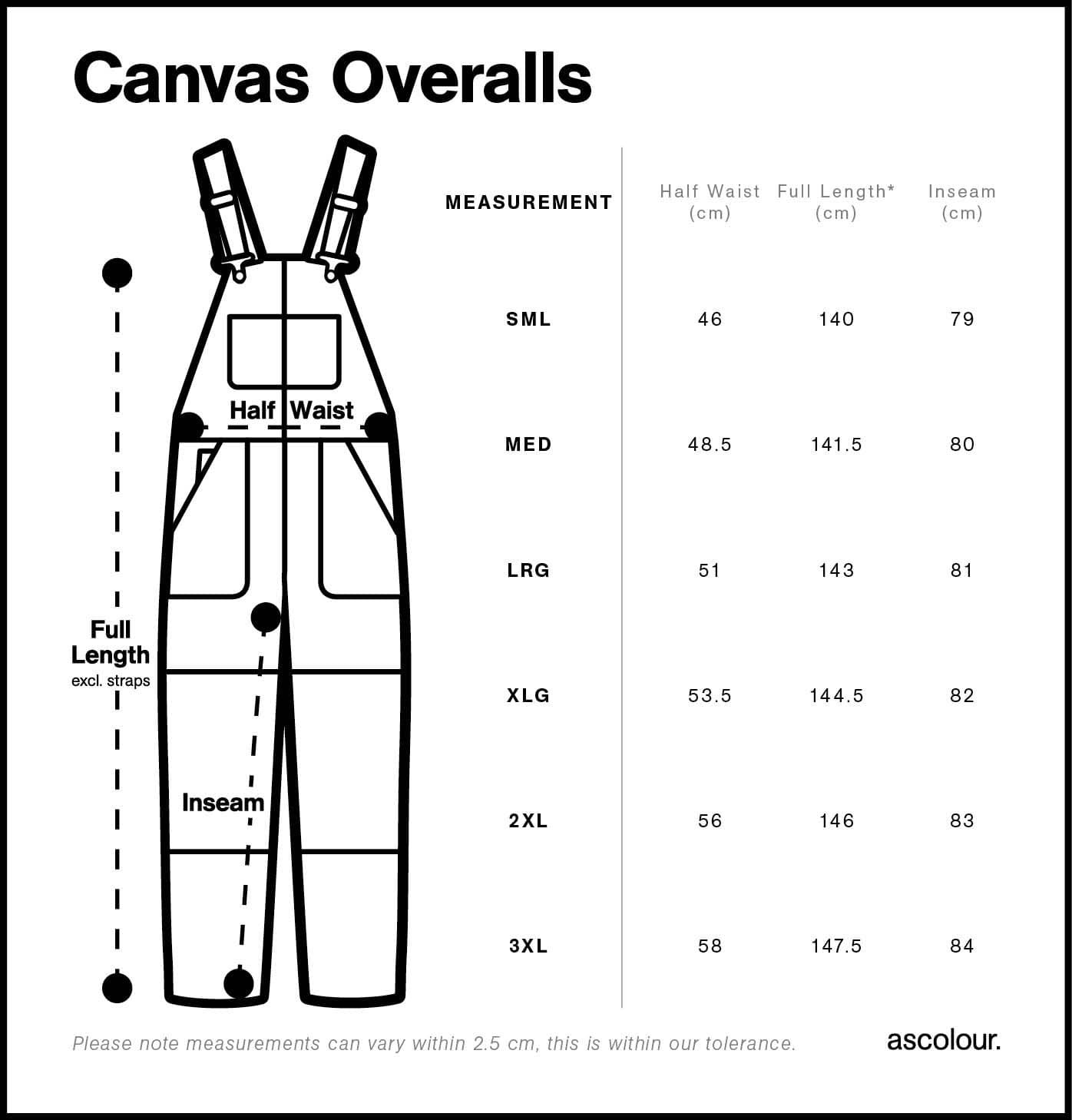Canvas Overalls size guide