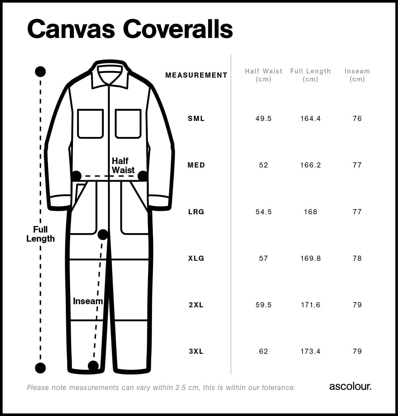 Canvas Coveralls size guide
