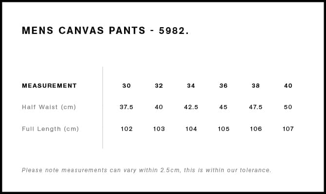 Canvas Pants size guide